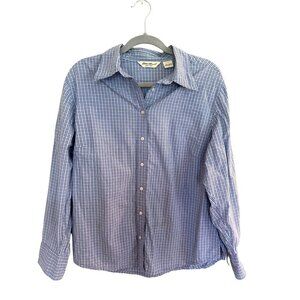 Eddie Bauer women's blue plaid button dress shirt size L twee